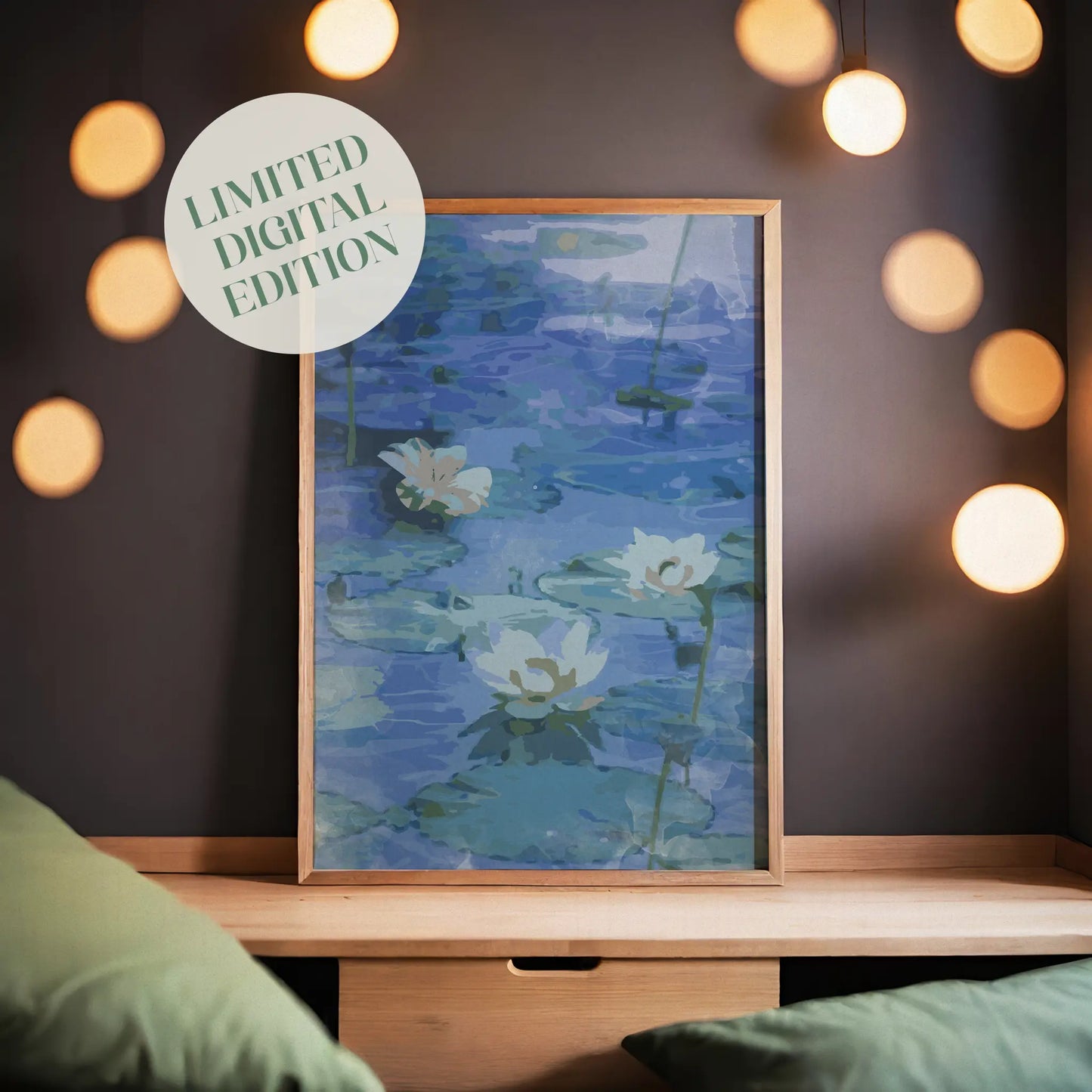 Tranquil watercolor-style wall art of blooming white lotus flowers floating on serene blue lily pads, a calming botanical printable perfect for spa-inspired or zen home decor.