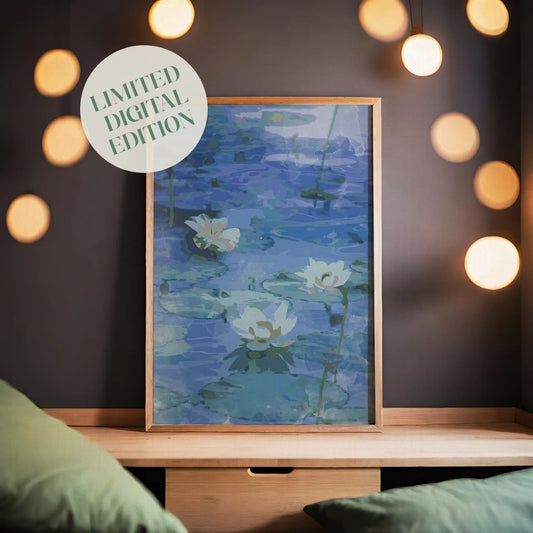 Tranquil watercolor-style wall art of blooming white lotus flowers floating on serene blue lily pads, a calming botanical printable perfect for spa-inspired or zen home decor.