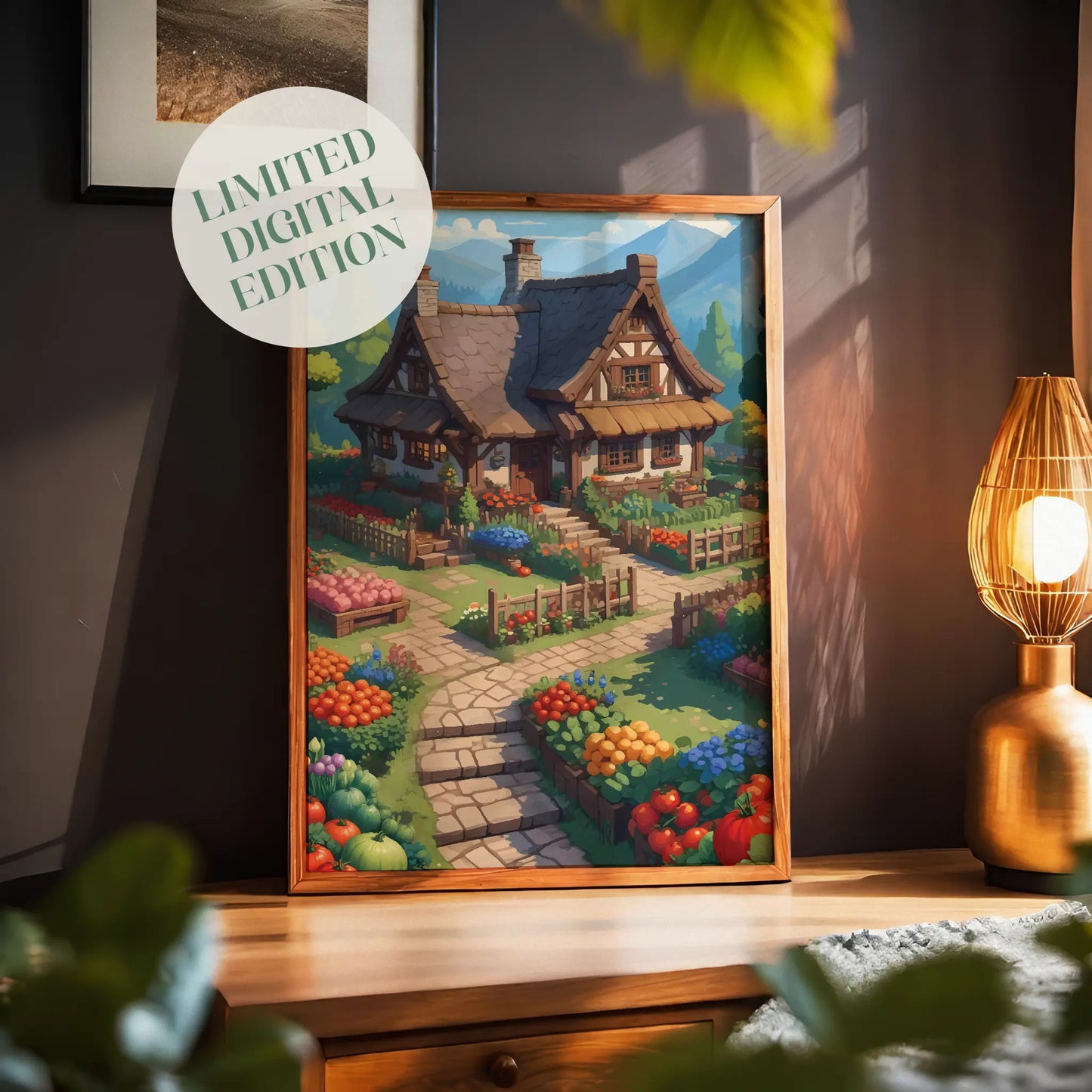 Charming cottagecore printable wall art featuring a fairytale-style house surrounded by a lush, colorful vegetable and flower garden, with stone paths, wooden fences, and mountain views in the background - perfect for cozy, homestead, or nature-inspired decor