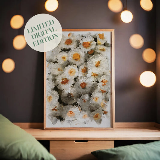 Textured printable wall art featuring abstract white and golden daisies in a rustic painterly style, perfect for farmhouse, vintage, or cottagecore decor themes.