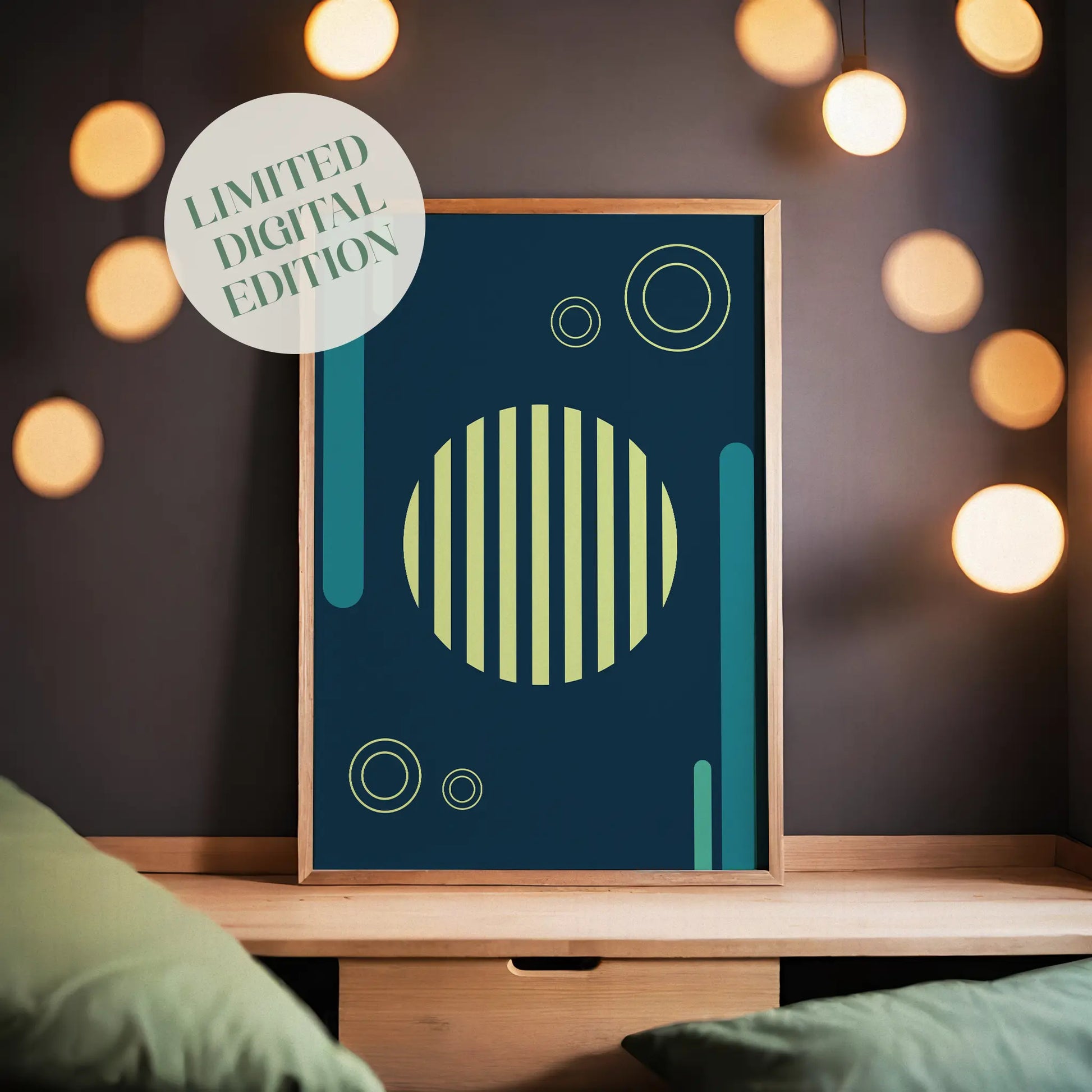 Modern geometric printable wall art featuring a striped yellow circle, outlined rings, and teal vertical shapes on a deep navy blue background, perfect for adding a bold, abstract touch to contemporary interiors