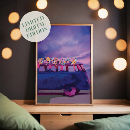 Whimsical printable wall art of a retro van adorned with colorful flowers, set against a dreamy purple sunset sky - ideal for boho or travel-themed decor