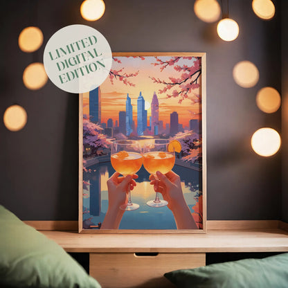 Romantic printable wall art featuring two hands holding glasses of orange cocktails at sunset, with a city skyline and cherry blossom trees in the background - perfect for modern and cozy home decor