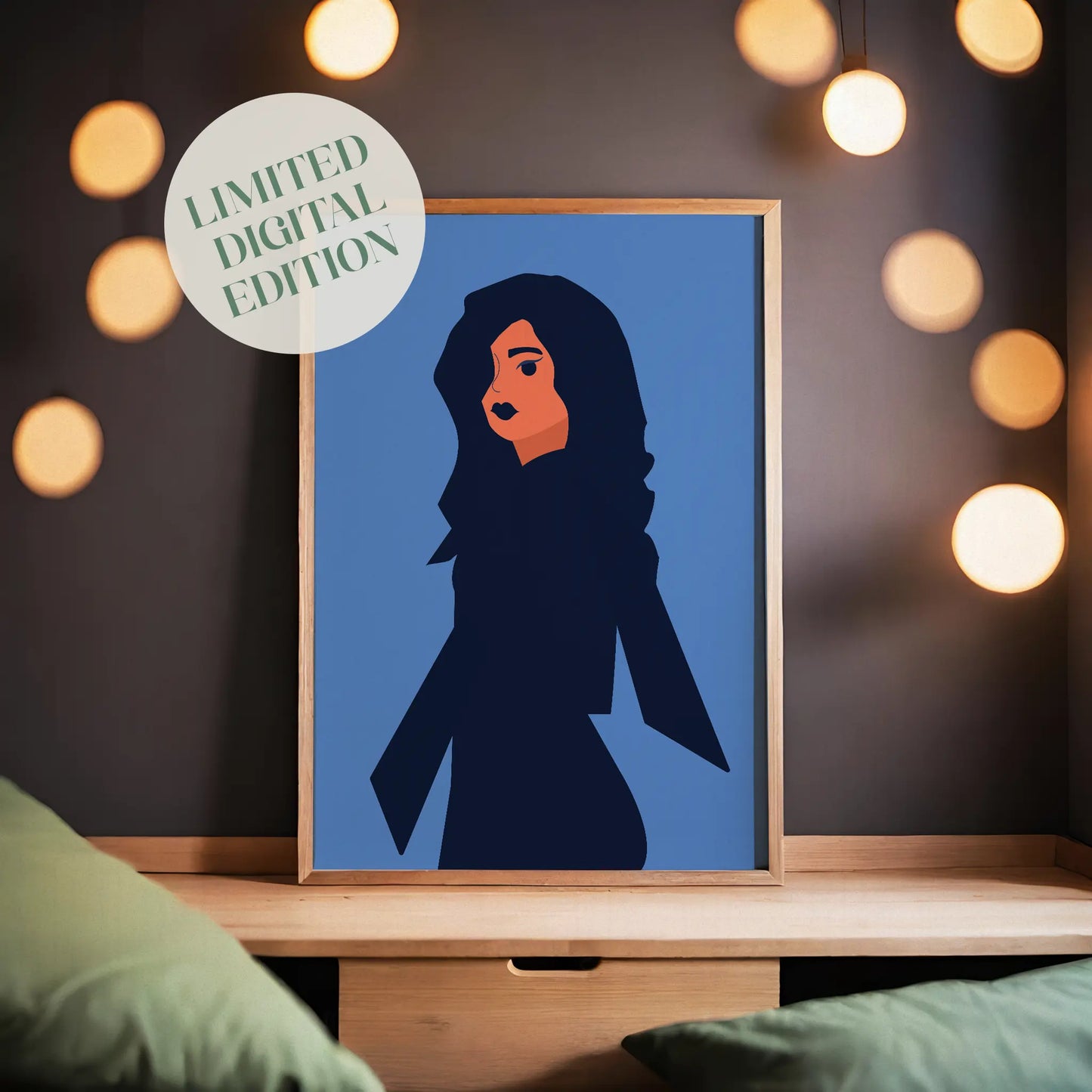 Bold minimalist portrait of a woman with flowing dark hair on a blue background, featuring geometric shapes and vibrant contrast, modern printable wall art for stylish, contemporary decor