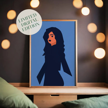 Bold minimalist portrait of a woman with flowing dark hair on a blue background, featuring geometric shapes and vibrant contrast, modern printable wall art for stylish, contemporary decor