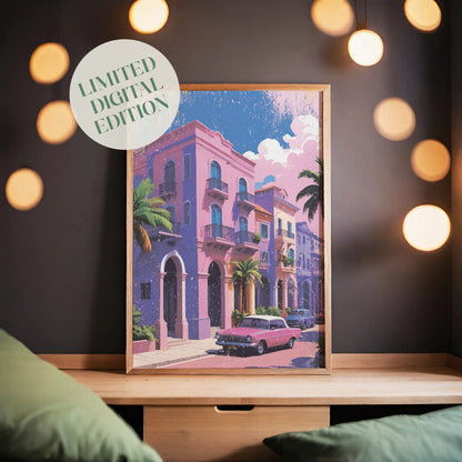 Printable wall art of colorful pastel buildings with balconies, palm trees, and a vintage pink car parked on the street under a sunny sky, perfect for tropical, retro-inspired home decor