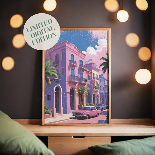 Printable wall art of colorful pastel buildings with balconies, palm trees, and a vintage pink car parked on the street under a sunny sky, perfect for tropical, retro-inspired home decor
