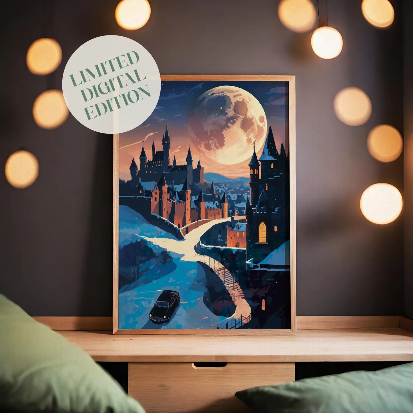 Magical night scene featuring a grand castle illuminated under a massive glowing full moon. A winding road and bridge lead to the castle gates as a car approaches through the snowy landscape, creating a mysterious and enchanting fantasy atmosphere.