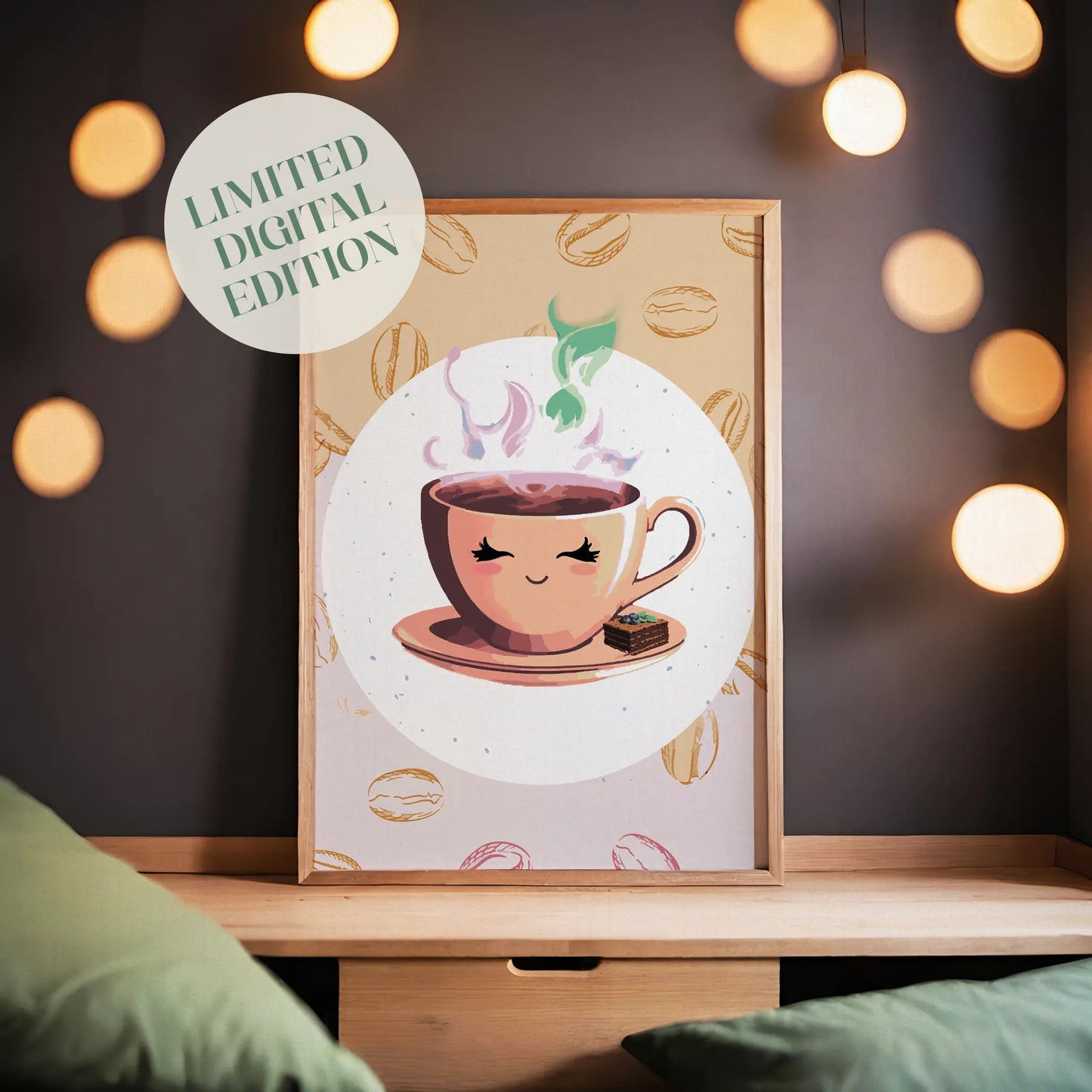 Printable wall art of a cute smiling coffee cup with steam swirls in pastel colors, sitting on a saucer with a small chocolate treat, set against a coffee bean patterned background, perfect for coffee lovers and cozy kitchen decor