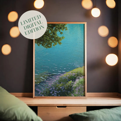 Tranquil lakeside wall art featuring crystal-clear turquoise water, a small wooden dock, and a flower-covered grassy bank under the shade of leafy tree branches