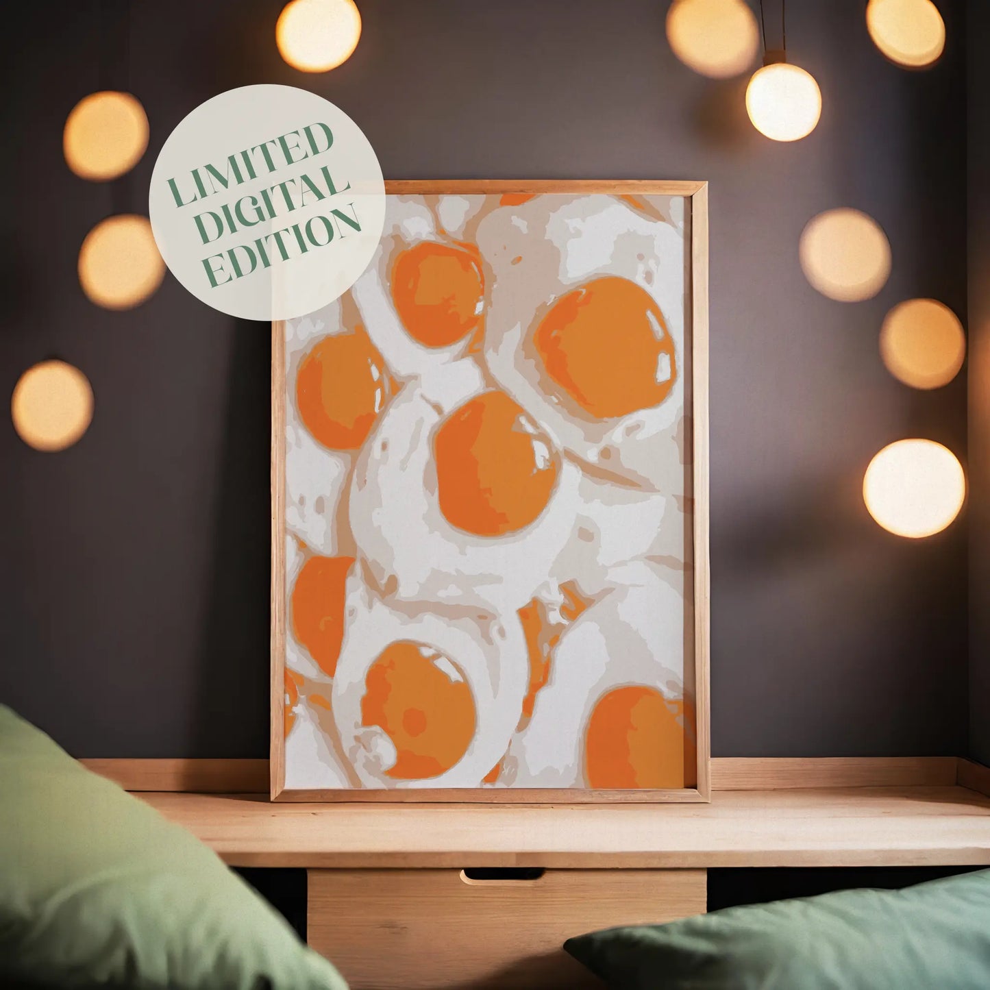 Bold and vibrant wall art print featuring a pattern of sunny-side-up eggs in modern pop-art style, perfect for kitchen decor or food lovers seeking quirky breakfast-themed art