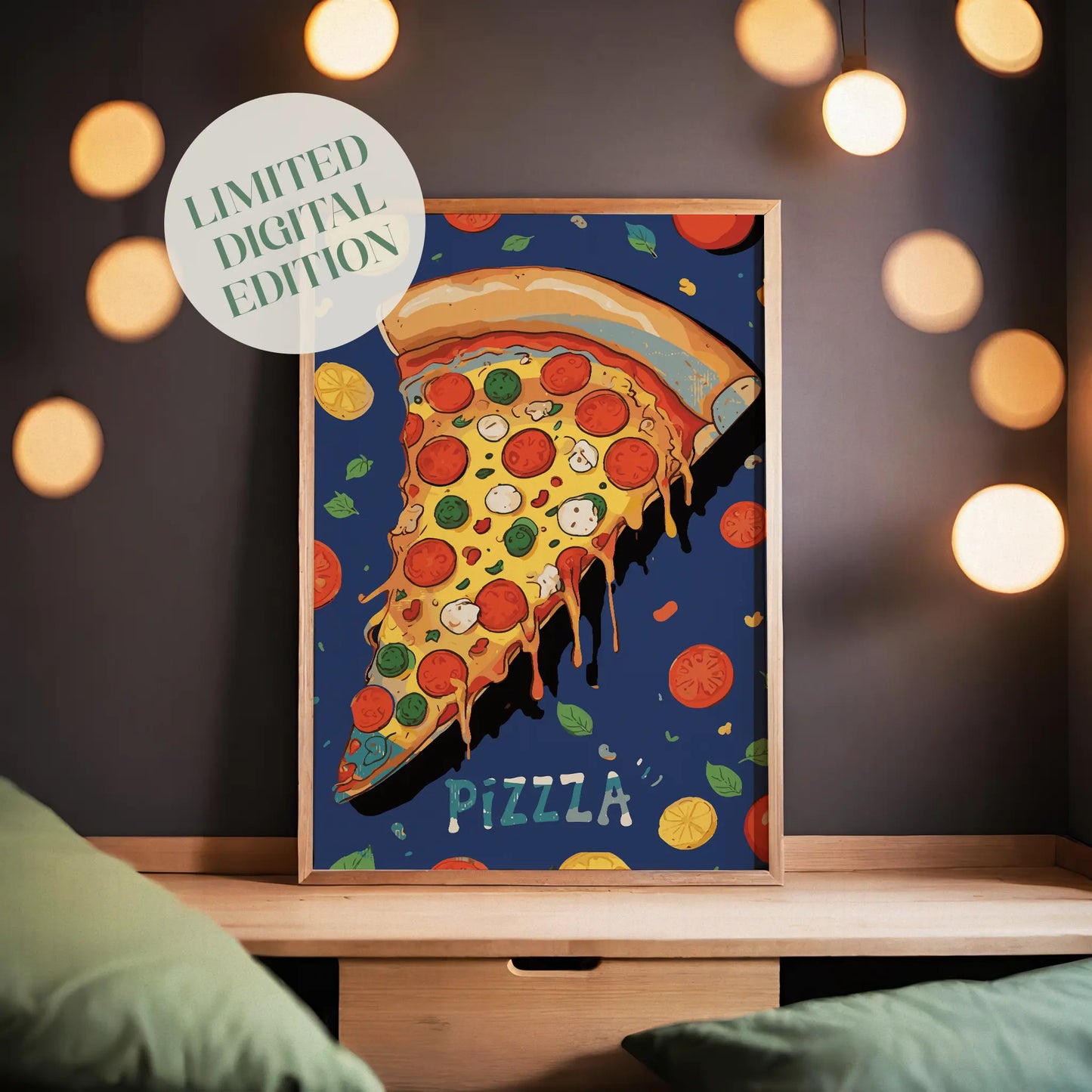 Printable wall art of a colorful, cheesy slice of pepperoni pizza with toppings, dripping cheese, and playful ingredients on a blue background with the word ‘PIZZZZA’ perfect for kitchen, dining area, or food lovers’ decor