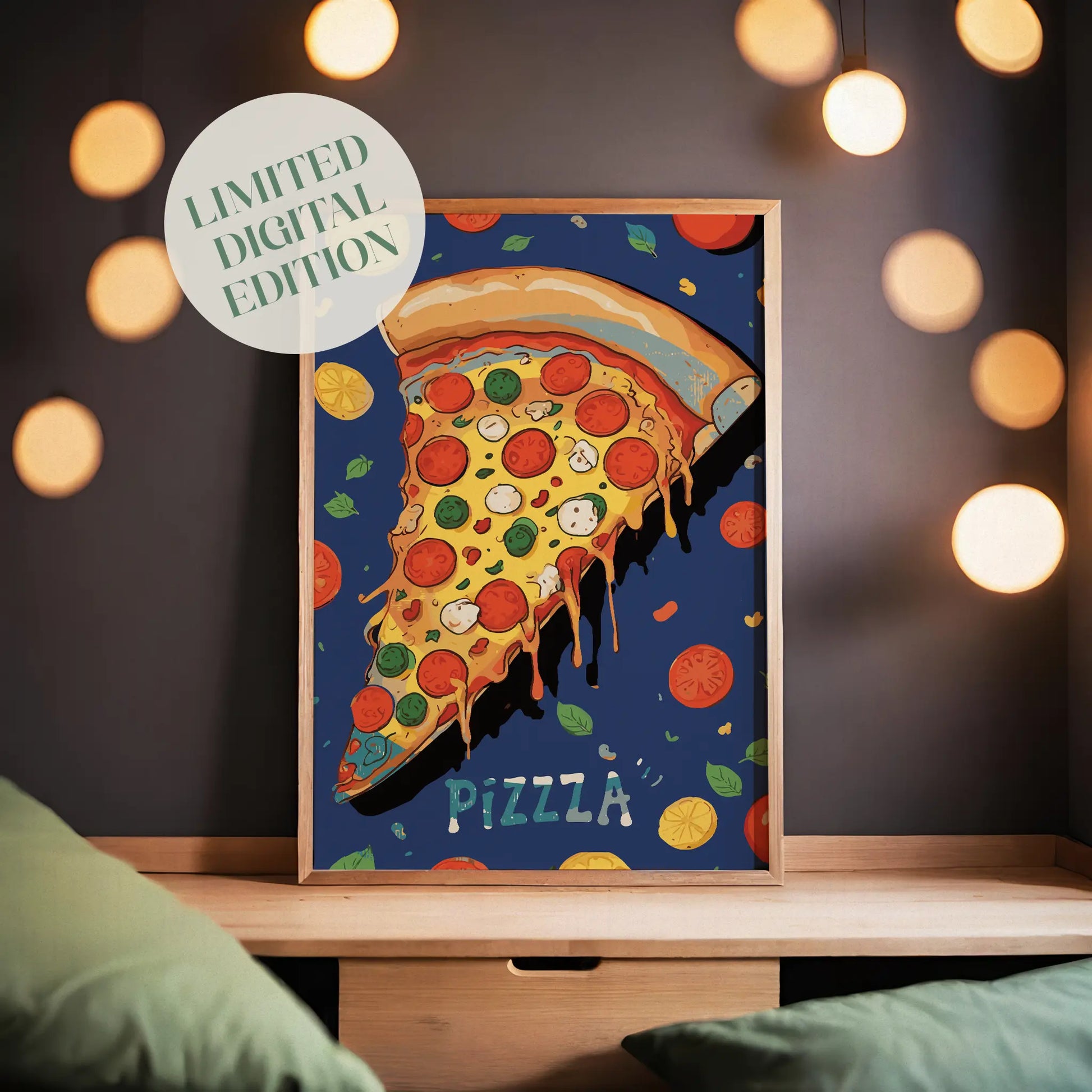 Printable wall art of a colorful, cheesy slice of pepperoni pizza with toppings, dripping cheese, and playful ingredients on a blue background with the word ‘PIZZZZA’ perfect for kitchen, dining area, or food lovers’ decor