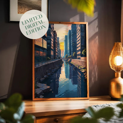 Digital painting of a serene urban canal at sunset, surrounded by tall glass buildings with warm reflections - modern printable wall art perfect for cityscape lovers and contemporary interiors