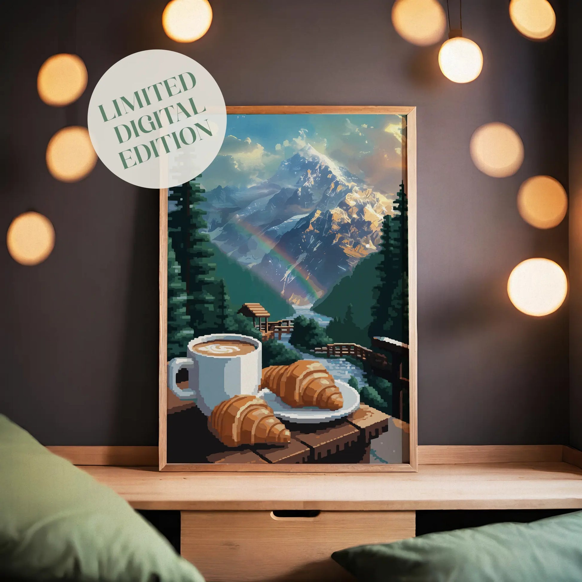 Cozy mountain-themed printable wall art featuring a cup of coffee and croissants on a wooden railing overlooking a flowing stream, lush pine trees, a rainbow, and majestic snow-covered peaks glowing in the morning light - perfect for cabin, breakfast nook, or nature lover decor