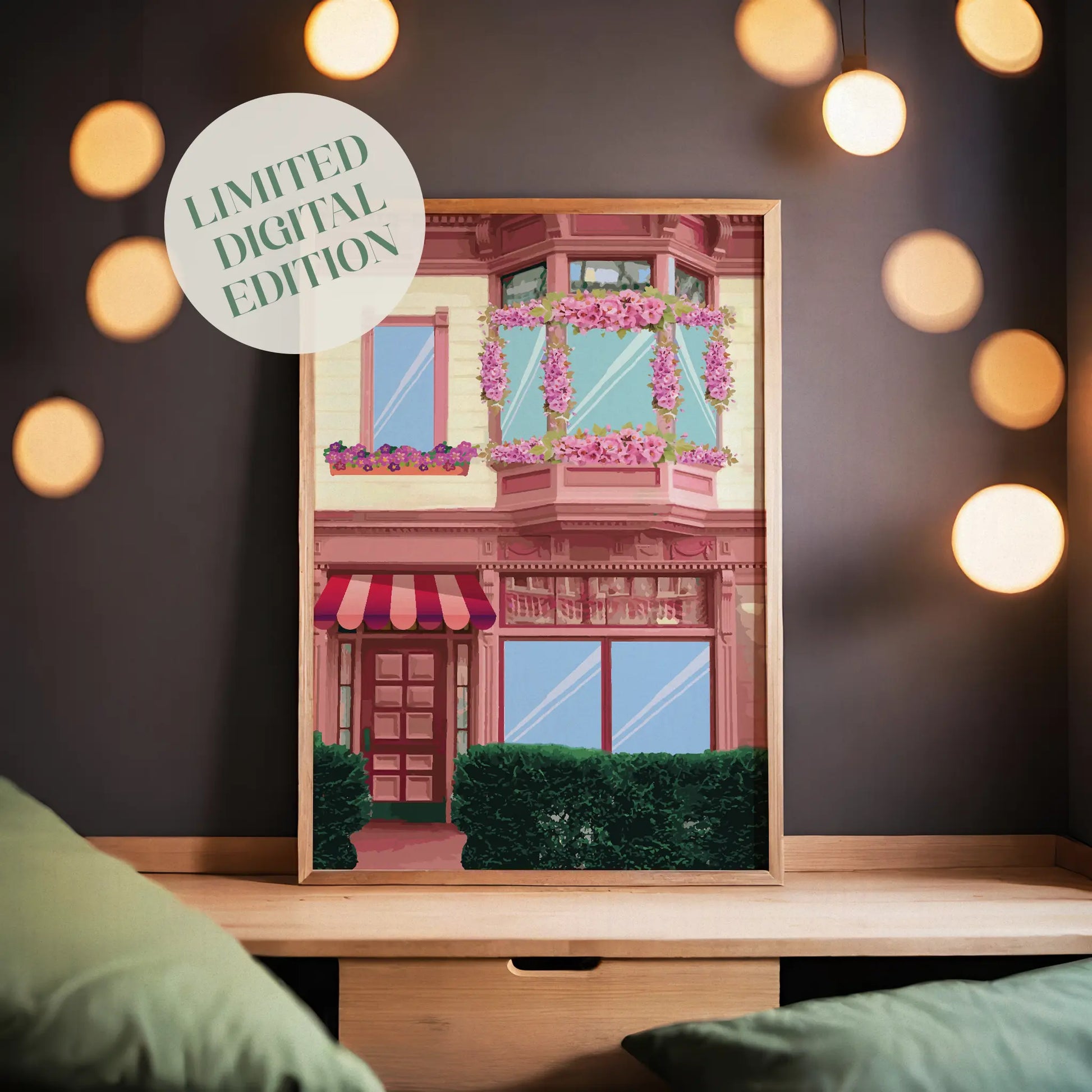 Charming printable wall art of a pastel storefront with pink flowers, a striped red awning, and vintage architecture - ideal for cozy, cottagecore decor