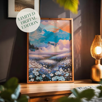 Dreamy landscape printable wall art featuring a field of soft blue and white wildflowers leading to a cottage nestled in the clouds, with majestic blue mountains and a glowing sunset sky in the background - perfect for fantasy, floral, or serene nature-inspired decor
