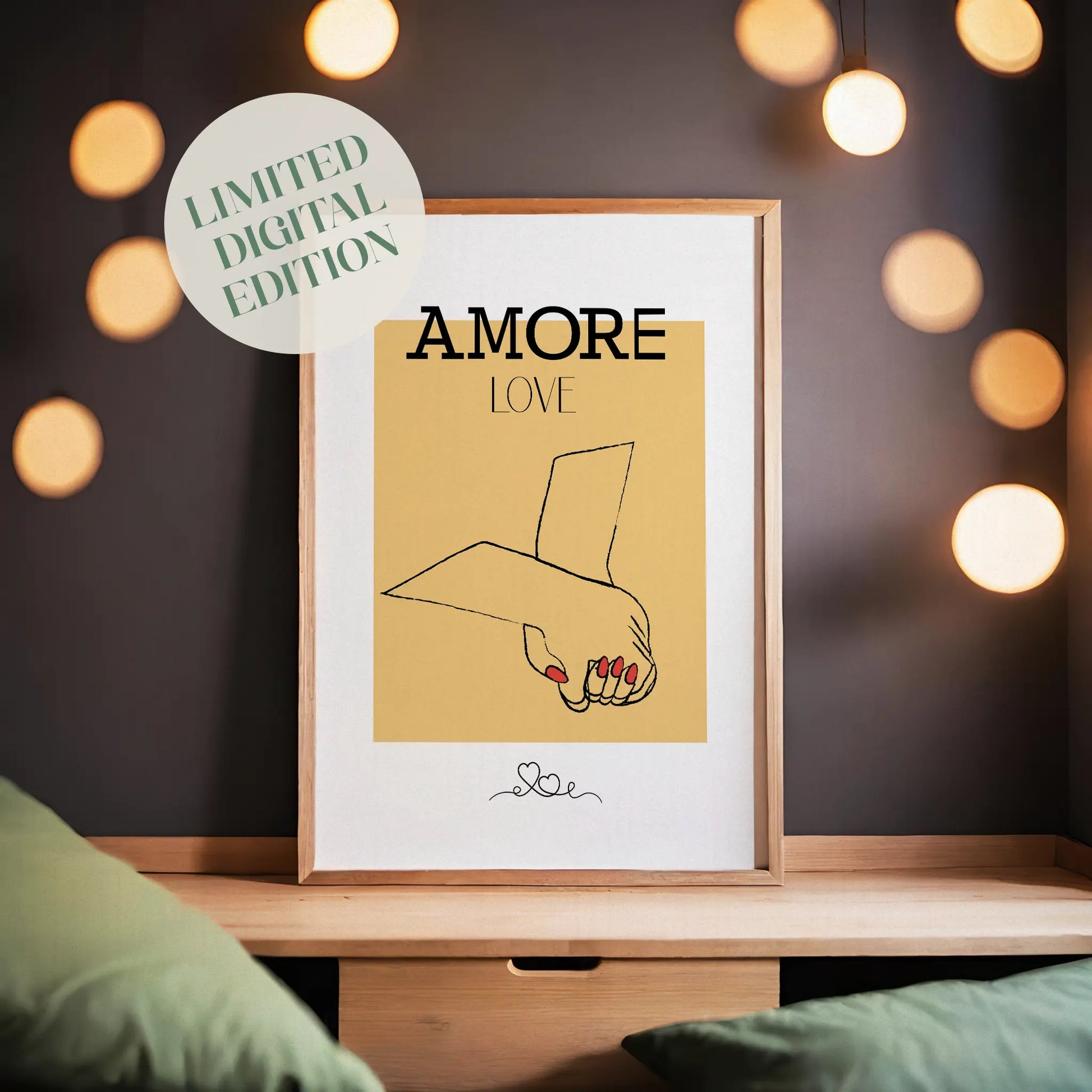 Modern printable wall art featuring a minimalist line drawing of two hands gently holding, with red nails detail. Set against a warm mustard background and captioned 'AMORE LOVE' - ideal for romantic and contemporary decor.