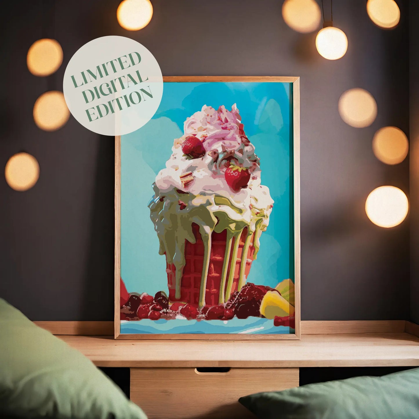 Vibrant printable wall art of a whimsical dessert featuring a red waffle cone overflowing with whipped cream, strawberries, green syrup, and assorted fruits against a bright aqua blue background, perfect for sweet-themed kitchen or cafe decor