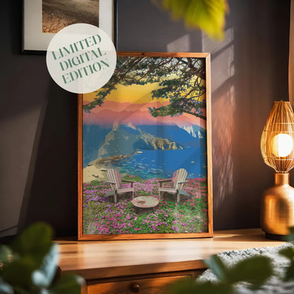 Scenic mountain view wall art featuring two Adirondack chairs and a fire pit on a field of pink wildflowers, overlooking a coastal cliff and tranquil ocean under a vibrant sunset sky with layered mountains