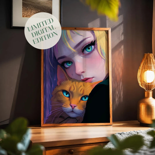 Expressive portrait of a young woman with bright teal eyes and blonde hair with purple streaks, gently holding an orange cat with matching blue eyes. The artwork features rich lighting and bold colours, creating an intimate and captivating emotional connection between the girl and her pet. 