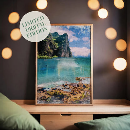 Tropical seascape wall art featuring dramatic green cliffs rising above turquoise waters, with rocky shoreline details in the foreground and a calm, cloud-dappled sky overhead