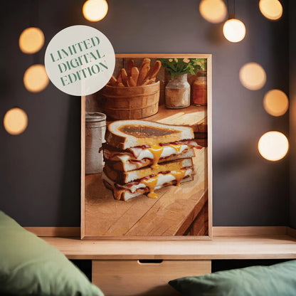 Printable wall art of a stack of grilled cheese sandwiches with melted cheddar oozing out, set on a rustic wooden counter with warm tones and cozy kitchen details, perfect for food lovers and farmhouse-style decor