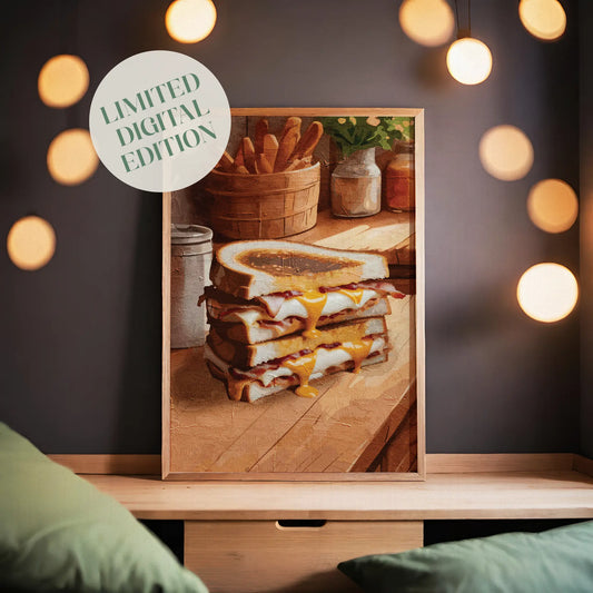 Printable wall art of a stack of grilled cheese sandwiches with melted cheddar oozing out, set on a rustic wooden counter with warm tones and cozy kitchen details, perfect for food lovers and farmhouse-style decor