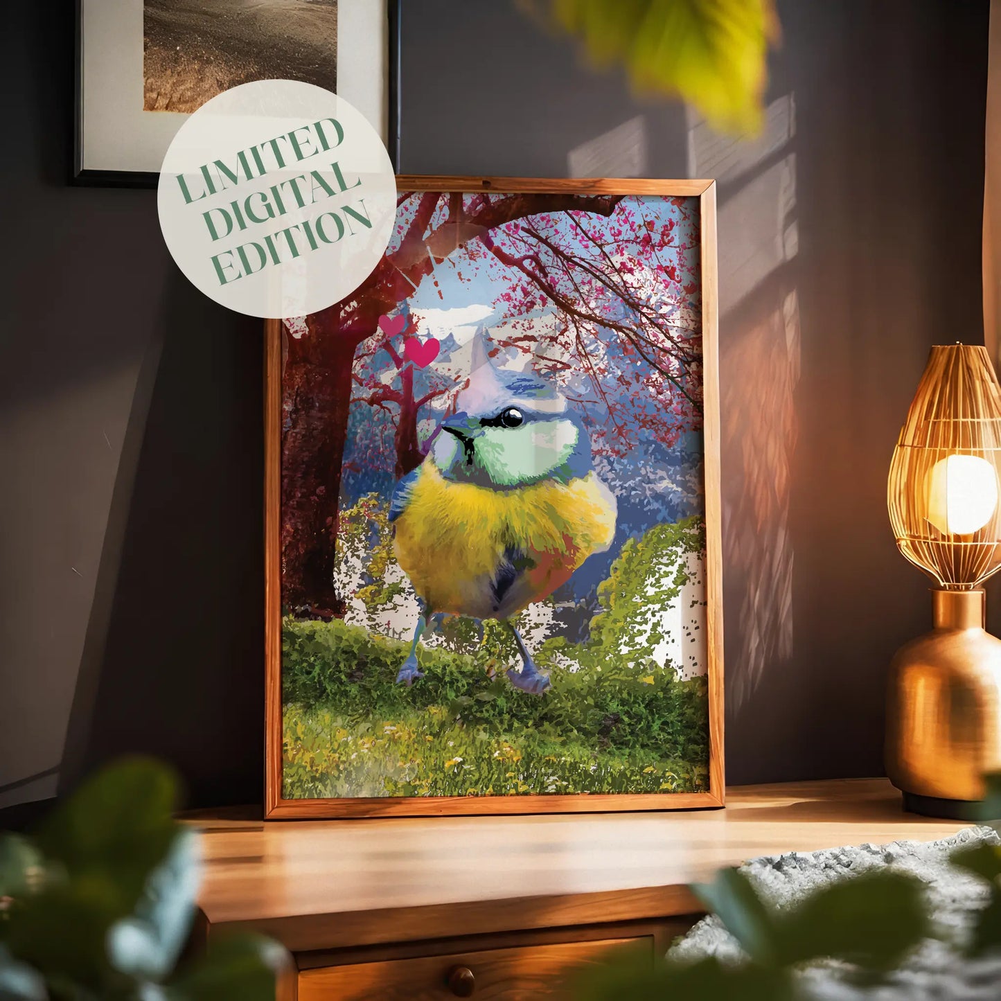 Printable wall art of a colorful songbird with vibrant blue, yellow, and green feathers standing on grass, with a dreamy cherry blossom tree, mountains, and pink hearts in the background, perfect for nature lovers and whimsical home decor