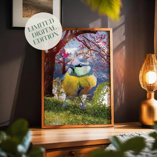 Printable wall art of a colorful songbird with vibrant blue, yellow, and green feathers standing on grass, with a dreamy cherry blossom tree, mountains, and pink hearts in the background, perfect for nature lovers and whimsical home decor