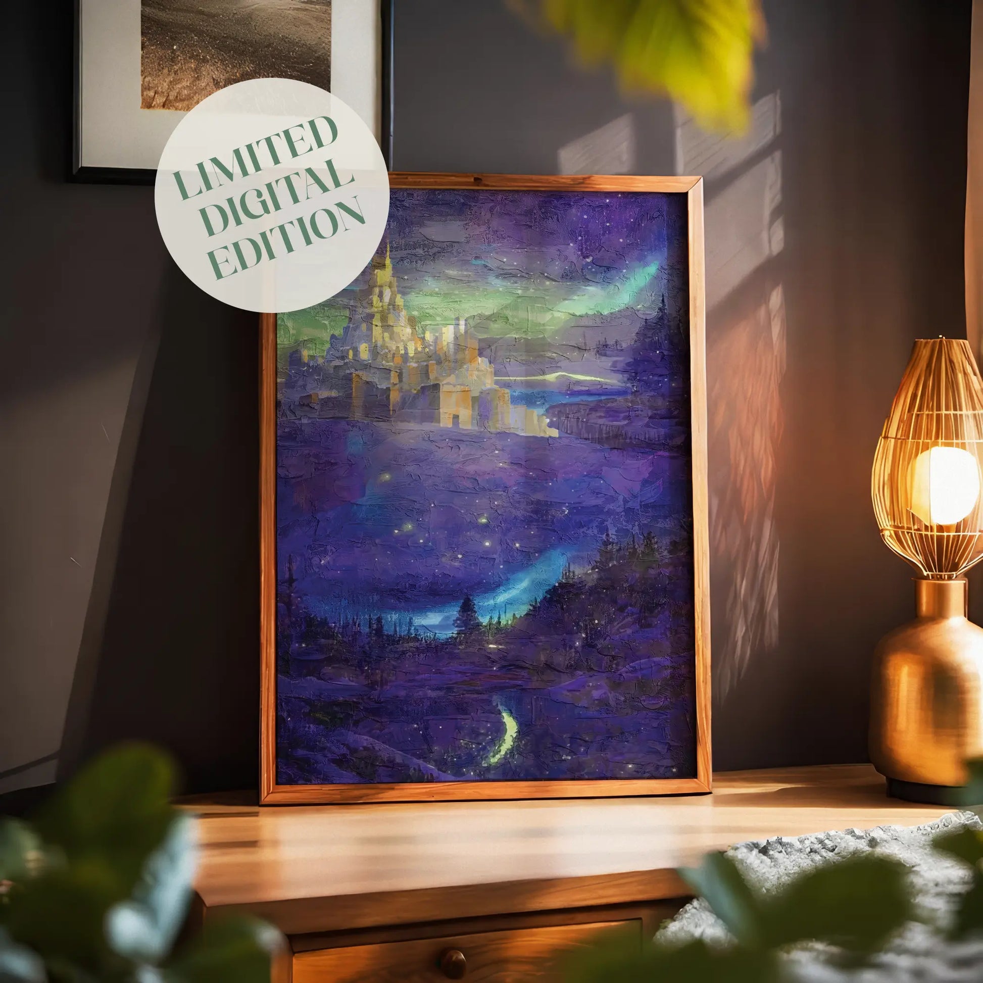 Fantasy castle wall art featuring a glowing golden fortress set against a mystical night sky with northern lights, surrounded by enchanted forests and illuminated by sparkling stars and a dreamy purple landscape