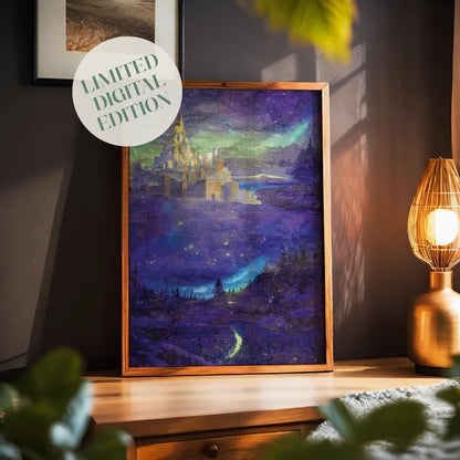 Fantasy castle wall art featuring a glowing golden fortress set against a mystical night sky with northern lights, surrounded by enchanted forests and illuminated by sparkling stars and a dreamy purple landscape