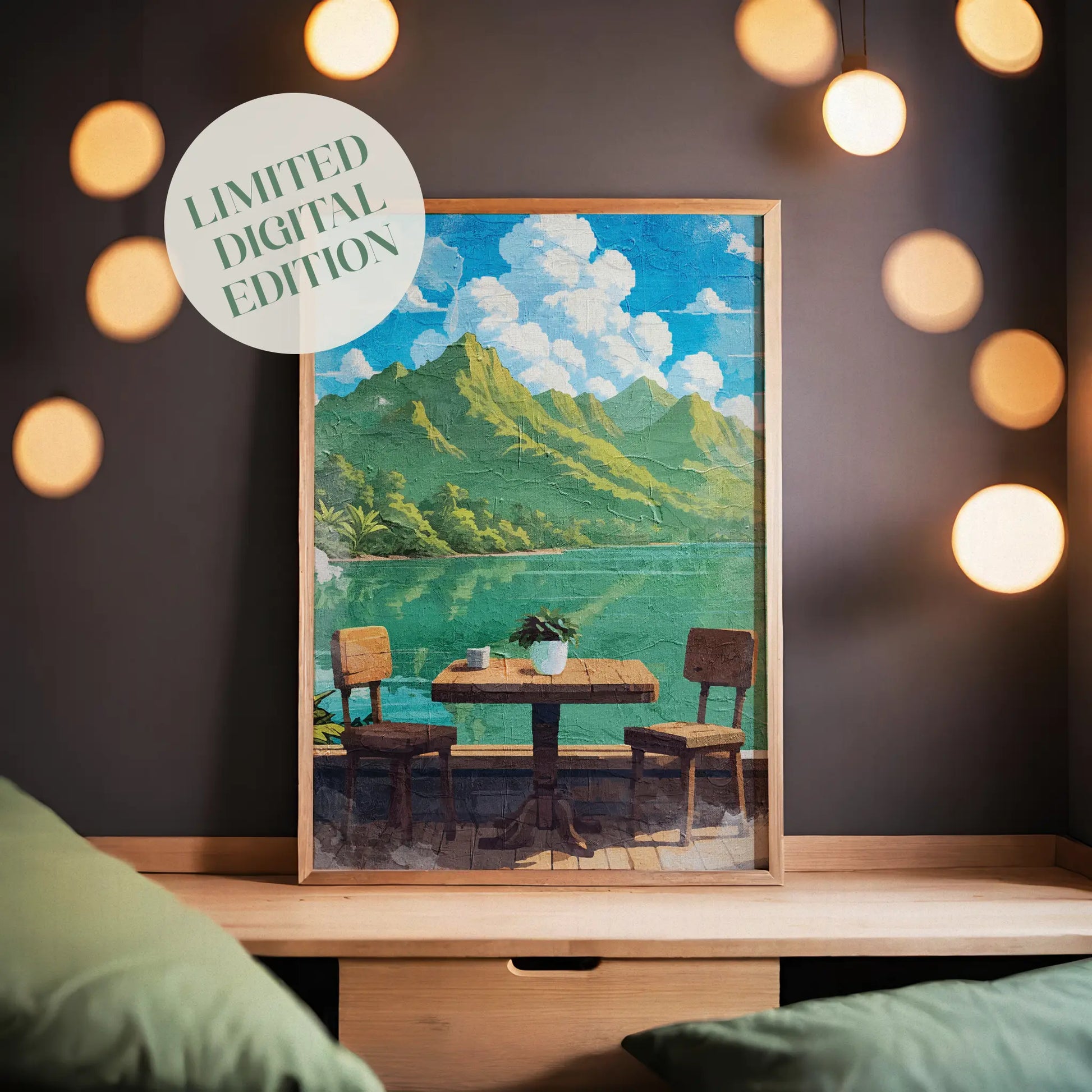 Tropical lakefront printable wall art featuring a rustic wooden table with two chairs overlooking calm turquoise water and lush green mountains under a bright blue sky with fluffy clouds - perfect for vacation-inspired, outdoor dining, or serene nature-themed decor