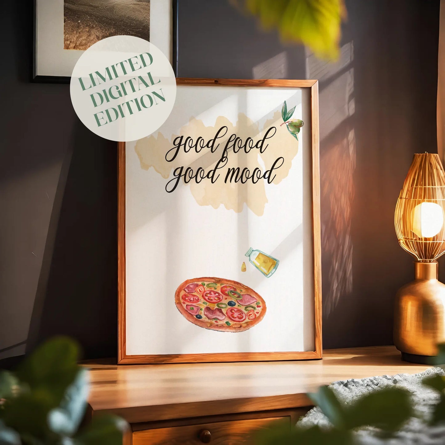 Whimsical kitchen wall art featuring a watercolor pizza slice, olive oil bottle, and olives with the handwritten phrase 'Good food, good mood' a cheerful culinary print perfect for cozy kitchen decor.