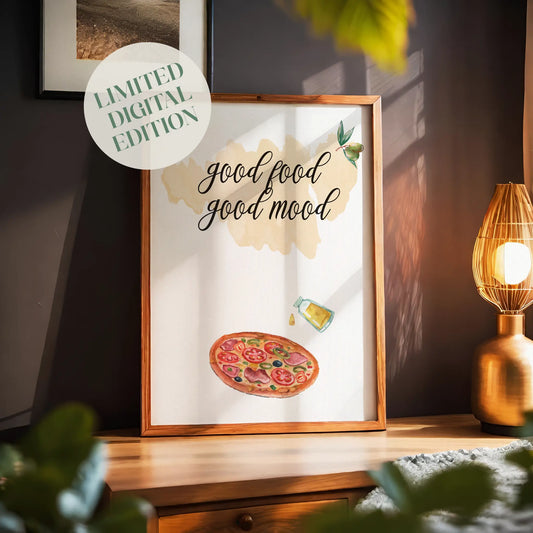 Whimsical kitchen wall art featuring a watercolor pizza slice, olive oil bottle, and olives with the handwritten phrase 'Good food, good mood' a cheerful culinary print perfect for cozy kitchen decor.