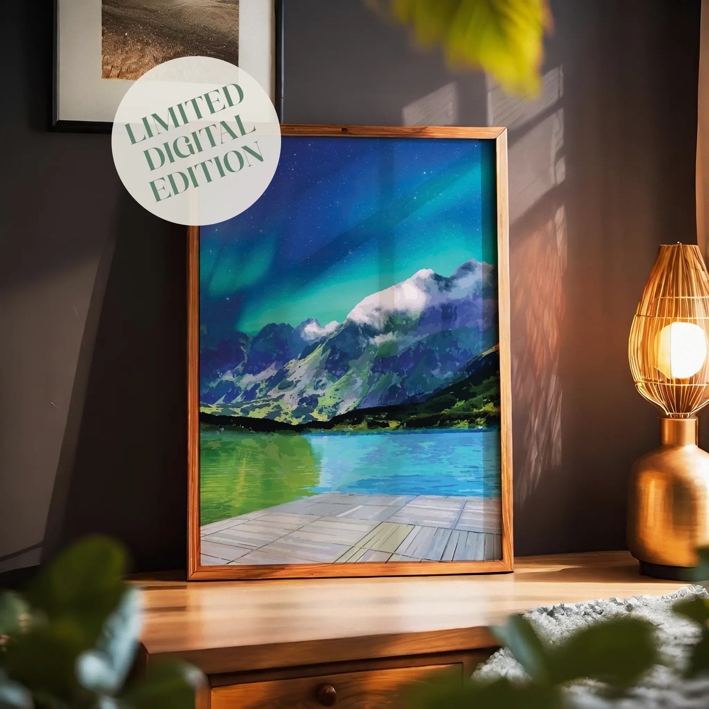 Northern lights wall art featuring the aurora borealis glowing above snow-capped mountains and a still emerald lake, viewed from a wooden dock under a starry night sky.