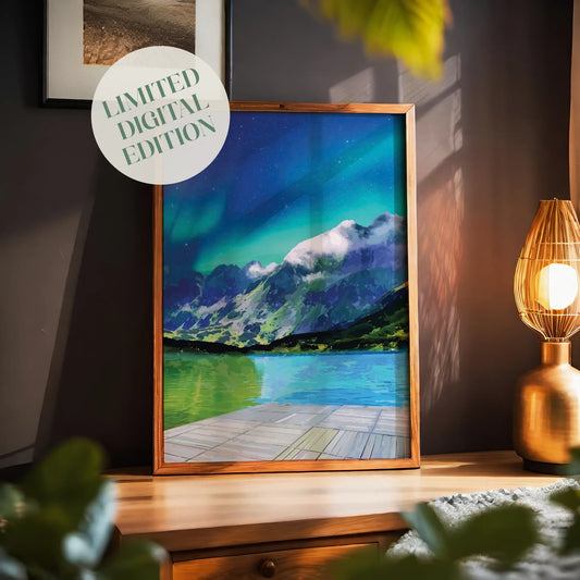 Northern lights wall art featuring the aurora borealis glowing above snow-capped mountains and a still emerald lake, viewed from a wooden dock under a starry night sky.