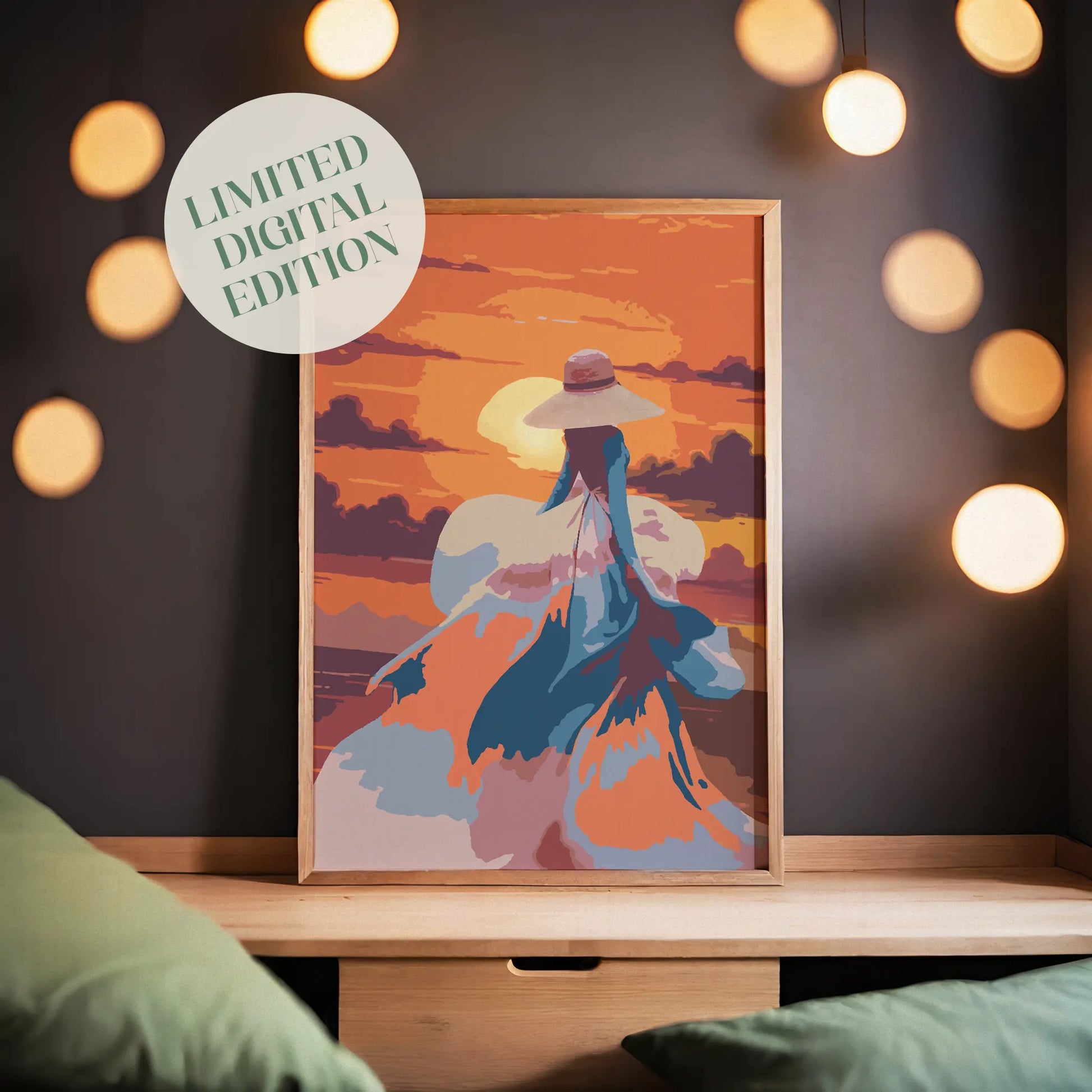 Romantic printable wall art featuring a woman in a flowing dress and wide-brimmed hat walking into a vibrant orange sunset, with abstract brushstrokes capturing movement, elegance, and a dreamy atmosphere
