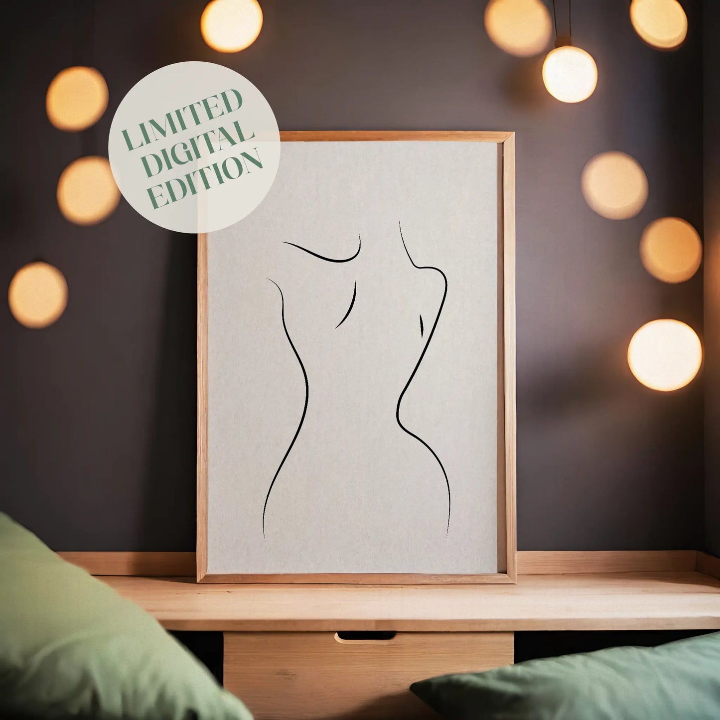 Minimalist nude female torso line art in black on a soft beige background, elegant and tasteful printable wall art for modern, serene interiors