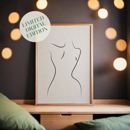 Minimalist nude female torso line art in black on a soft beige background, elegant and tasteful printable wall art for modern, serene interiors