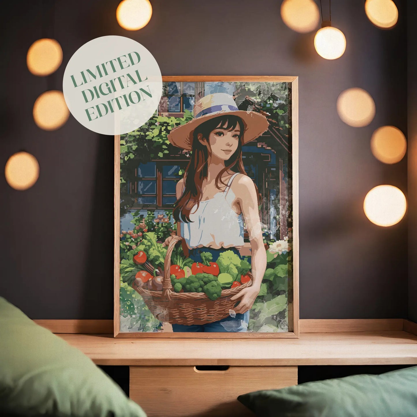 Charming digital artwork of a young woman holding a basket of fresh vegetables in a garden, wearing a straw hat and summer outfit - rustic farmhouse-style printable wall art for kitchen or home decor
