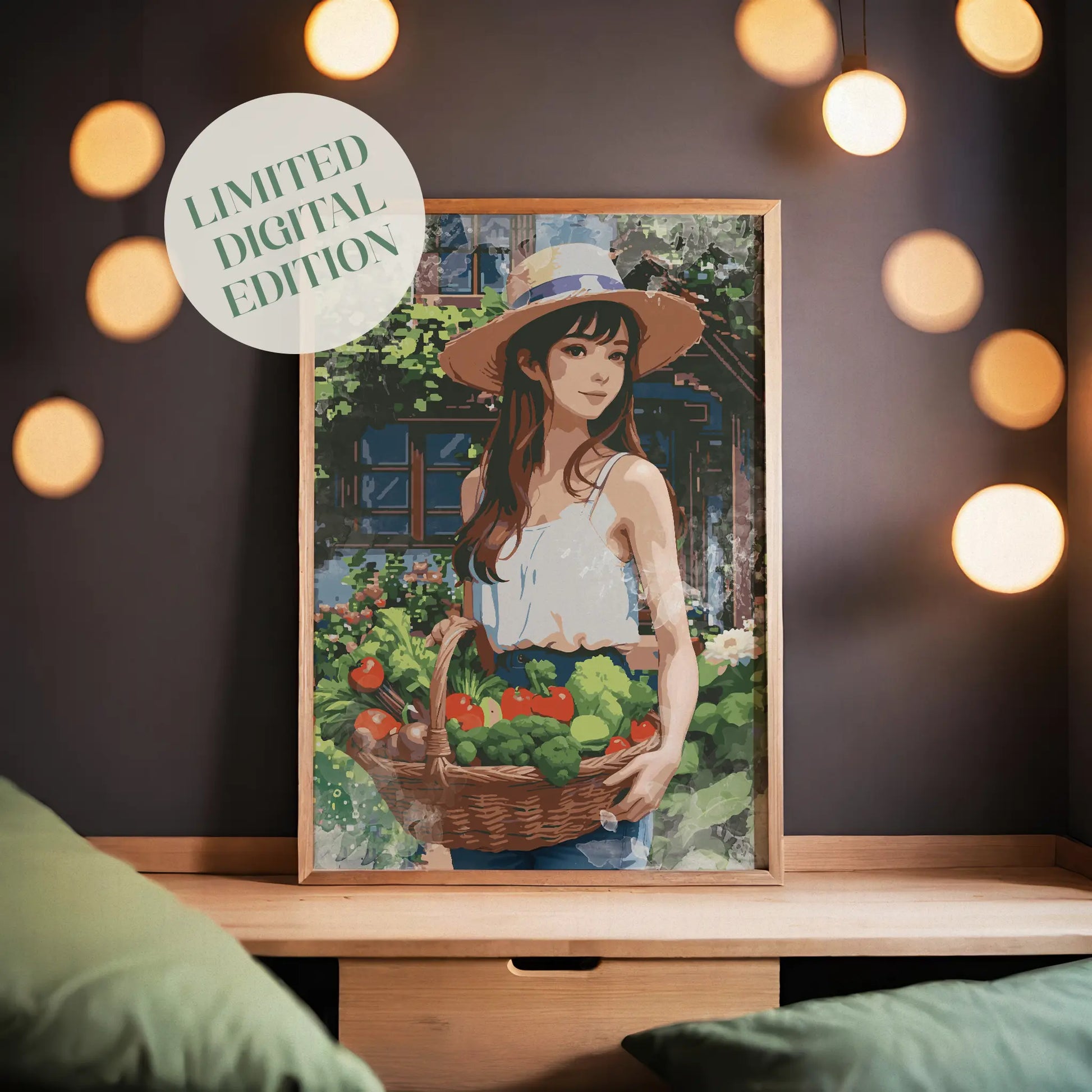 Charming digital artwork of a young woman holding a basket of fresh vegetables in a garden, wearing a straw hat and summer outfit - rustic farmhouse-style printable wall art for kitchen or home decor