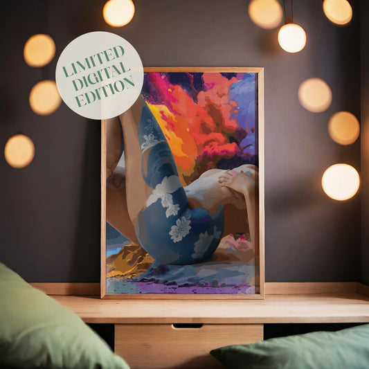 Bold and sensual printable wall art featuring a reclining nude female figure with floral body art, set against a dramatic, abstract explosion of fiery colours, perfect for modern, expressive, and statement-making interiors