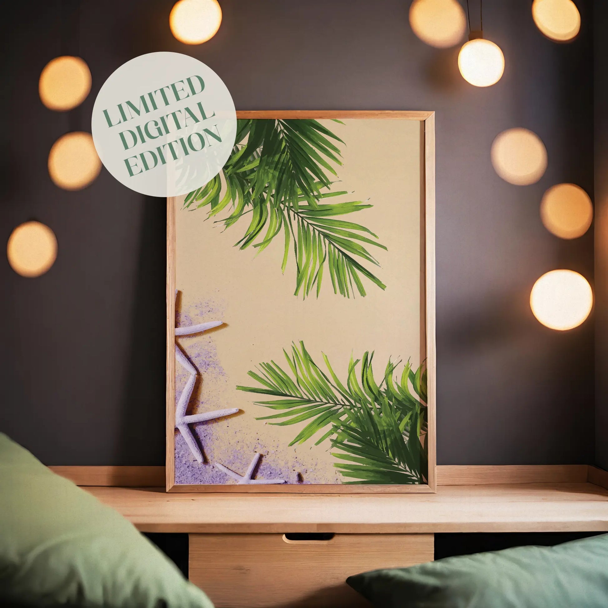 Minimalist tropical beach-themed printable wall art featuring green palm leaves and white starfish on a warm beige background, perfect for coastal or summer-inspired home decor