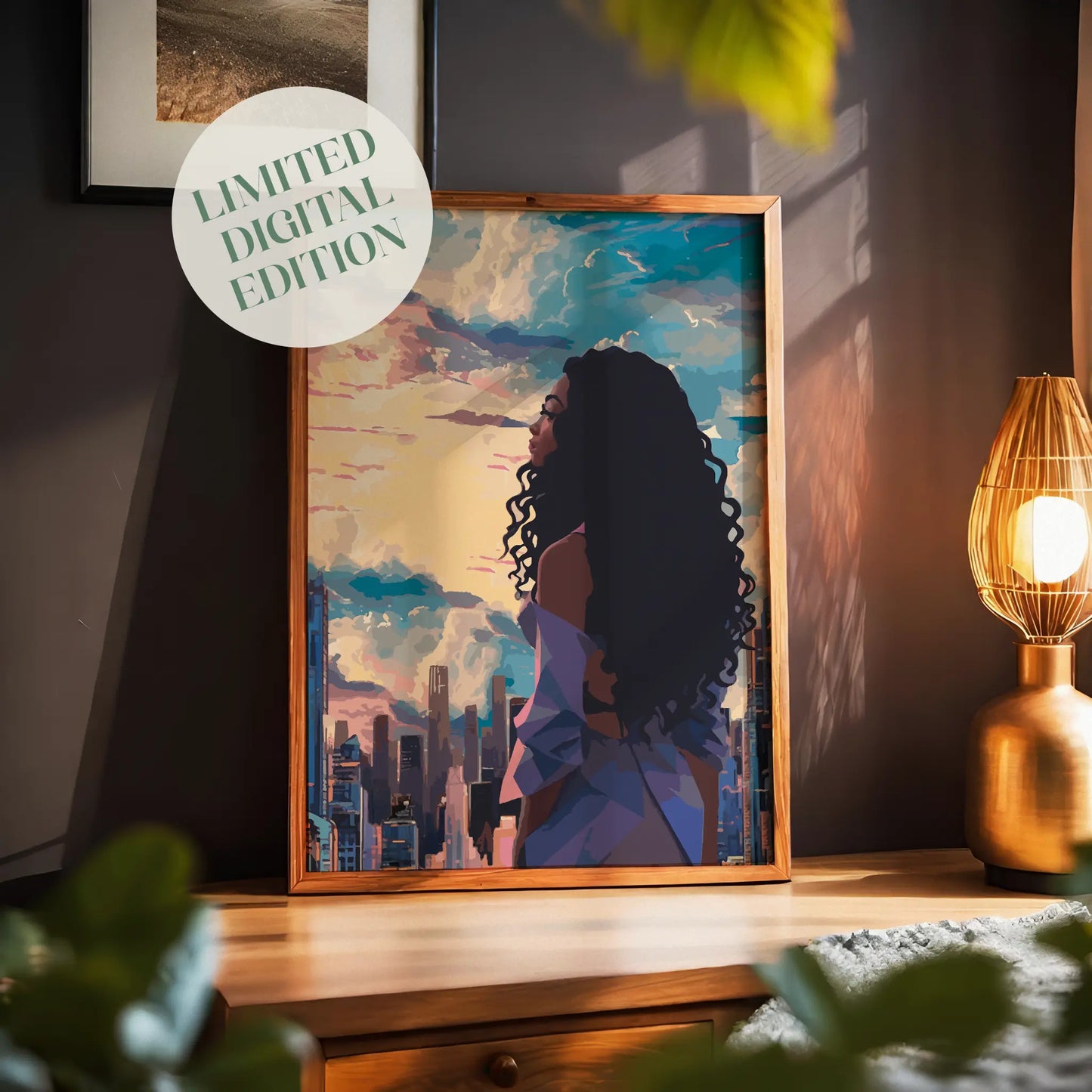 Modern cityscape printable wall art featuring a confident woman with long curly hair gazing at a vibrant sunset skyline - perfect for urban, empowering, and contemporary decor themes