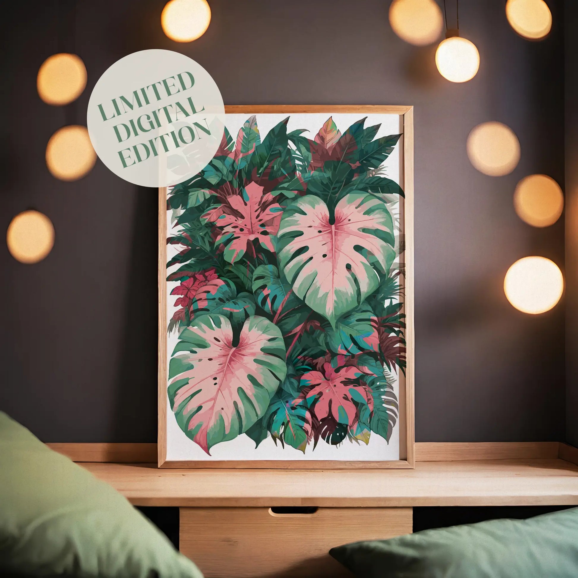 Tropical botanical printable wall art featuring a lush arrangement of pink and green monstera and philodendron leaves, ideal for jungle-themed or nature-inspired home decor.