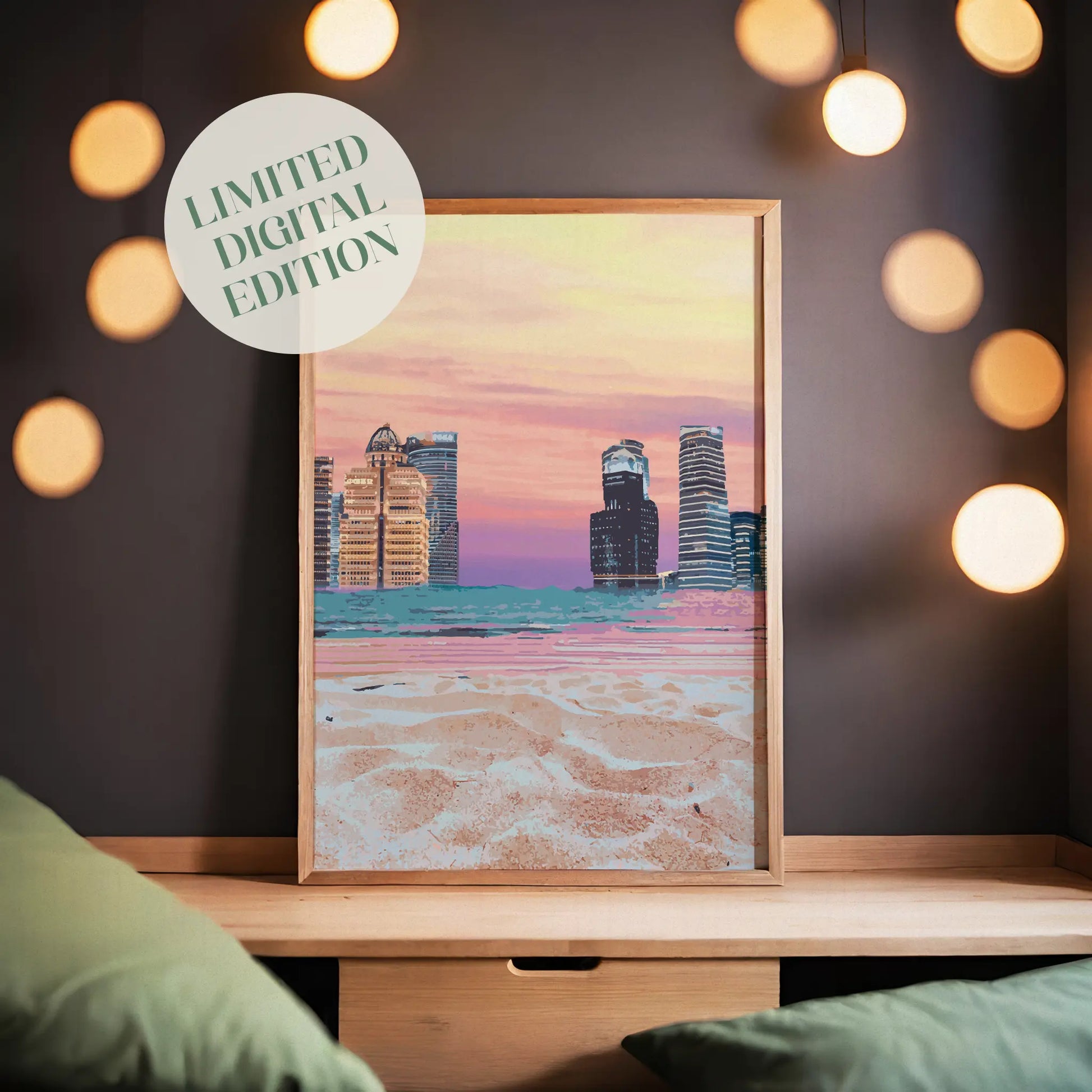 Modern cityscape wall art featuring futuristic skyscrapers along a beach shoreline, with soft sand in the foreground and a vibrant pastel sunset sky blending shades of pink, orange, and purple
