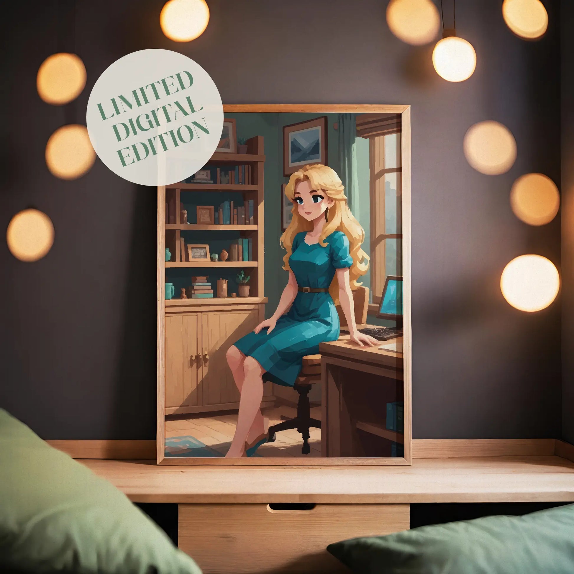 Warm and inviting illustration of a blonde woman in a teal dress sitting by a wooden desk in a cosy home office. Sunlight filters through the window, highlighting bookshelves filled with books, framed art, and plants, creating a calm and creative workspace atmosphere.