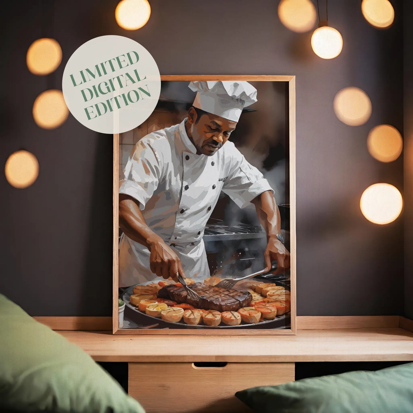 Digital wall art of a chef in uniform grilling steak and vegetables, surrounded by steam and rich kitchen ambiance.