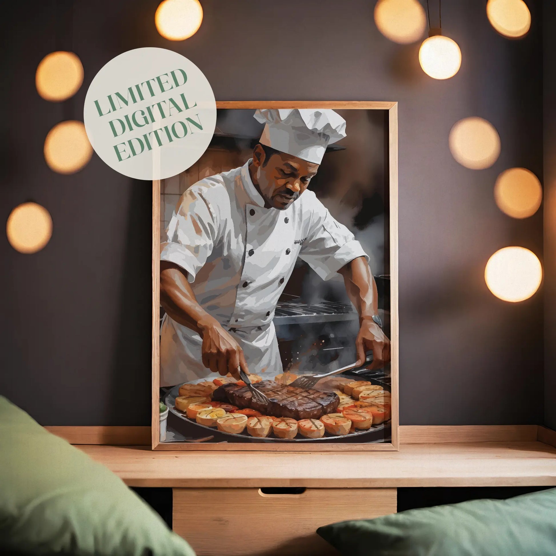 Digital wall art of a chef in uniform grilling steak and vegetables, surrounded by steam and rich kitchen ambiance.